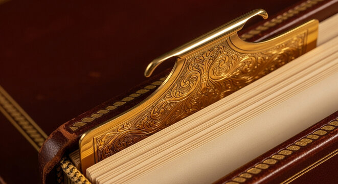 An ornate, antique brass bookmark, adorned with intricate scrollwork, gracefully marks a page within a richly bound, leather-bound book, evoking a sense of historical luxury and scholarly