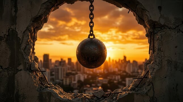 A heavy wrecking ball hangs suspended against a dramatic sunset with a city skyline.