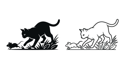 Cat And Mouse Silhouette With Grass Black And White Illustration © MDKHALILULUR