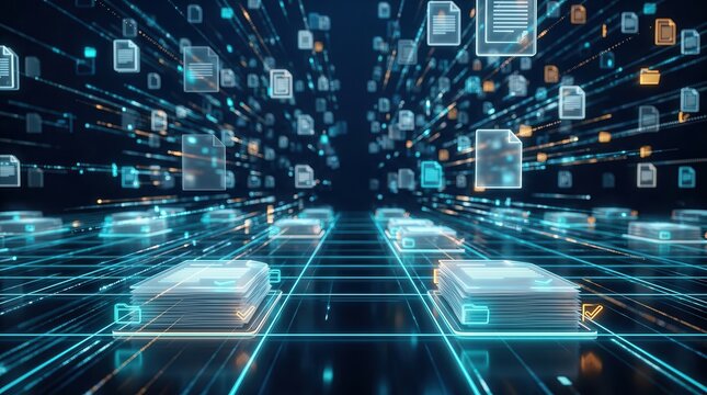 Futuristic digital document management system with an abstract network grid and floating files.