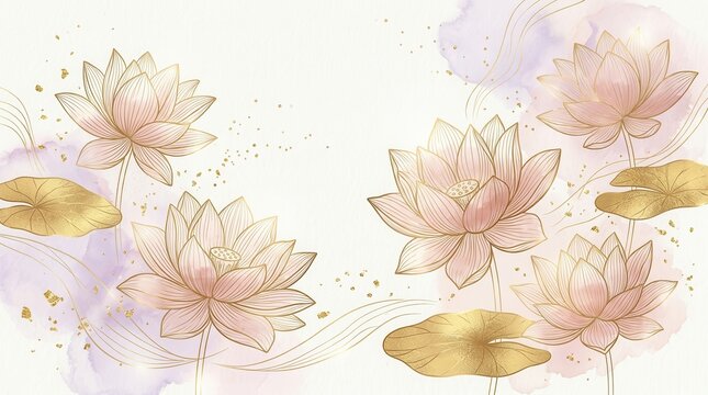 Luxury wallpaper design with lotus flowers and golden texture in watercolor vector style.