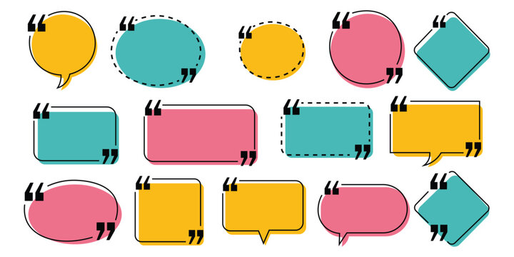 Colorful quote speech bubbles set with quotation marks for text frames. Vector illustration of abstract dialogue comment message chat box collection, modern testimonial block isolated template.