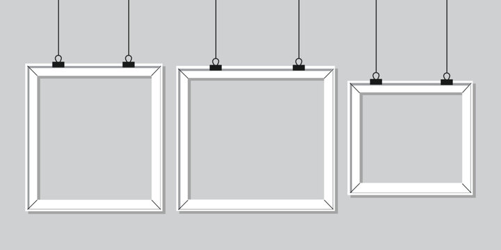 Hanging picture frames set with binder clips for gallery display mockup. Vector illustration of abstract empty white photo borders hanging on wall collection, isolated art exhibition canvas template.