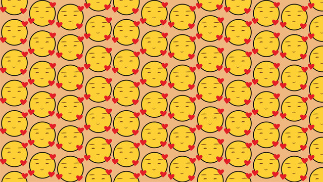 Seamless kissing emoji pattern with yellow faces puckered lips and red hearts on light peach background playful romantic design