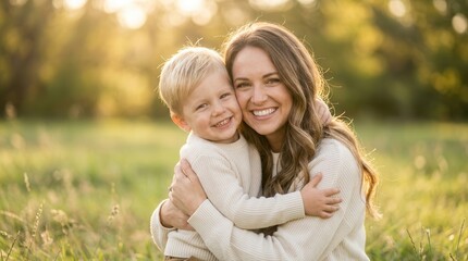 Fototapeta premium Happy mother hugging her young son in a sunlit park during sunset.