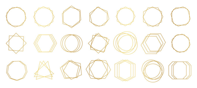 Golden geometric frames set with polygonal line borders for luxury design. Vector illustration of abstract metallic wireframe circle hexagon polygon collection, elegant wedding invitation background.