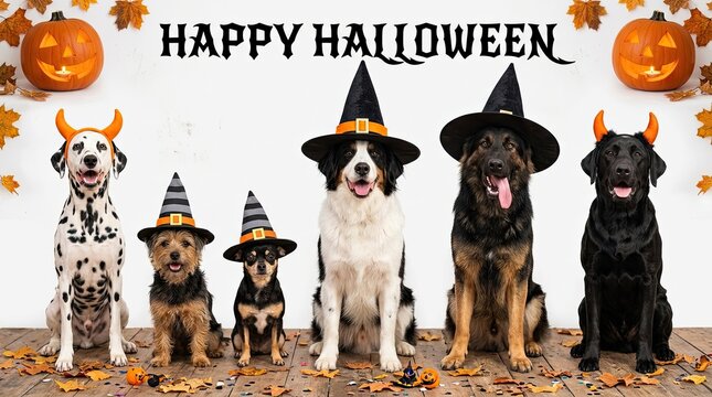 Happy halloween with dogs festive canine costumes and jack o' lanterns for autumn celebrations