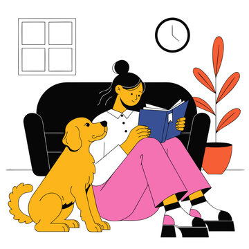woman with his Golden Labradoodle dog reading at home
