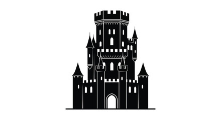 Medieval castle with towers and arched gateway black silhouette fortress architecture © raisa