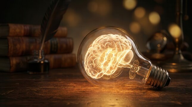 A luminous human brain glowing inside a radiant light bulb representing ingenuity and insight.