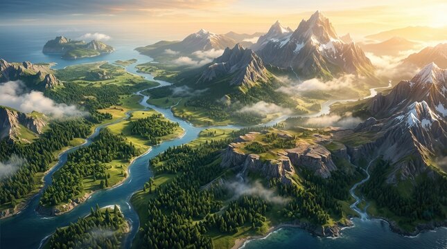 Fantasy map adventure featuring lush forests, mountains, and rivers for RPG exploration.