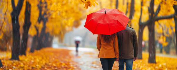 Obraz premium A man and a woman walk along an avenue under a red umbrella on a rainy autumn day; yellow leaves on the trees create a beautiful background. A composition featuring soft, natural colors