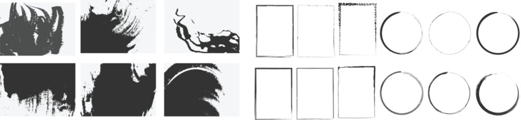 Fototapeta premium Grunge ink brush strokes and frames set, black paint splatter textures, distressed circular and rectangular border vector elements for graphic design
