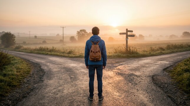 A young traveler with a backpack standing at a forked road during a beautiful sunrise.