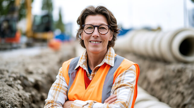 Confident female engineer in safety vest and glasses standing at construction site overseeing pipeline installation, industrial infrastructure project.