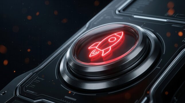 A futuristic glowing launch button with a rocket icon on a digital interface.