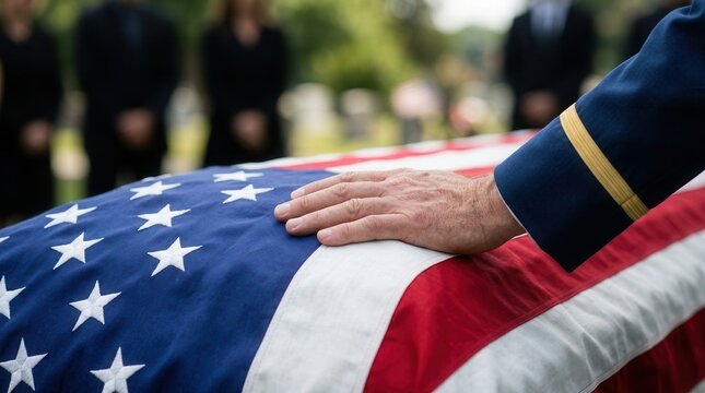 Close-up of a male hand touching a coffin covered with the American flag at a military burial ceremony.