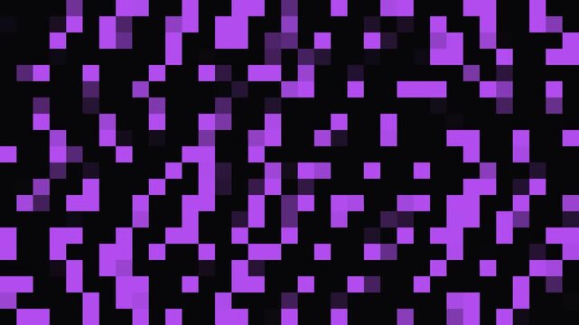 Purple abstract squares are scattered across a black background in a digital illustration