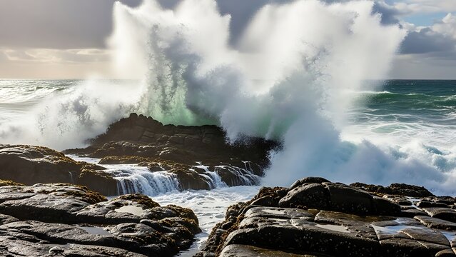 Powerful Ocean Wave Crashing Against Rocky Shoreline.