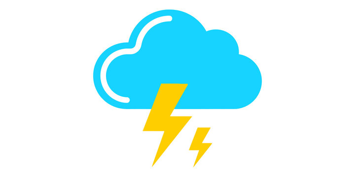 Minimalist blue cloud with yellow lightning bolt thunderbolt flat design element isolated on transparent background