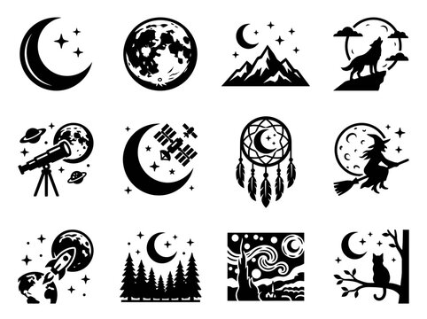 Celestial Icons: Moon, Stars, Space, Dreams, Fantasy, Nature, and Night