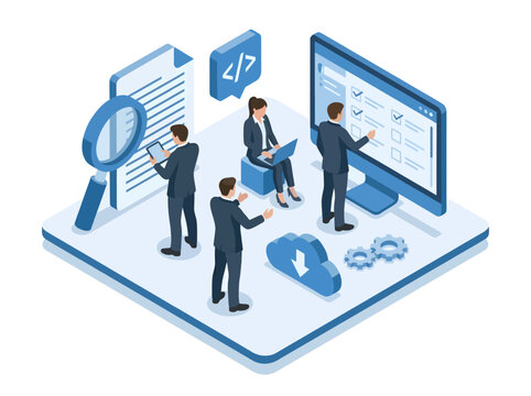 Four professionals collaborate in a stylized isometric workspace, analyzing documents with a magnifying glass, writing code on a laptop, managing digital checklists, and using advanced cloud services