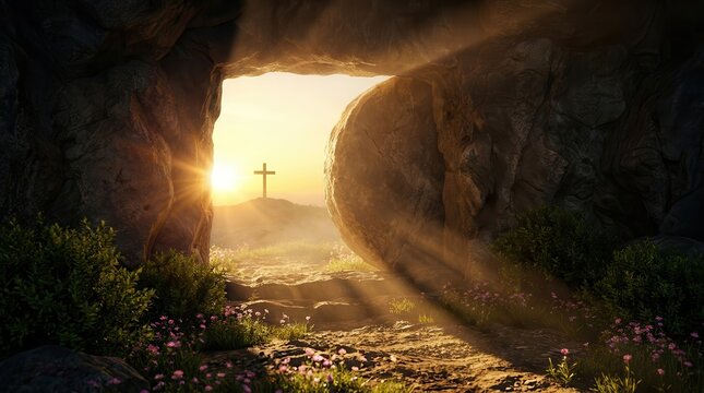 Holy Saturday scene with a cross reflection and the tomb of Jesus Christ.