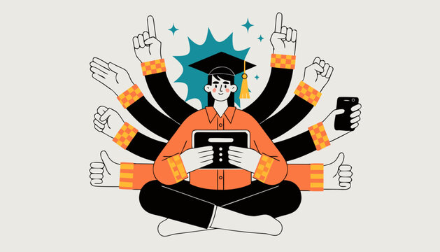 Graduate celebrating success with digital devices and social media. Young professional using laptop and smartphones to share achievements online wi...