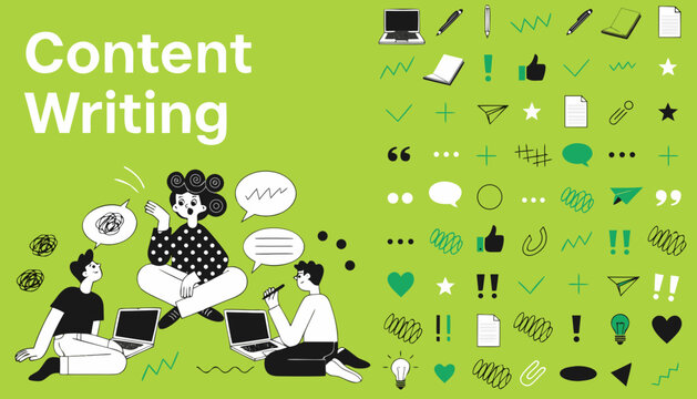 Creative team brainstorming content writing ideas with digital tools. Diverse professionals collaborating on blog and social media strategy with sp...
