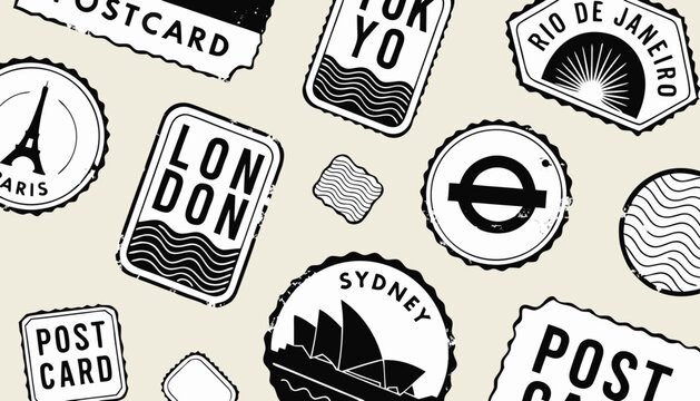 Travel postcard collection with famous city landmarks. Vintage style destination stamps and icons for global tourism design.