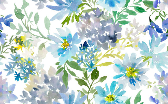 Watercolor modern blue floral seamless pattern with abstract hand painted hydrangea and wild flowers on a transparent background for fabric, home decor and surface design