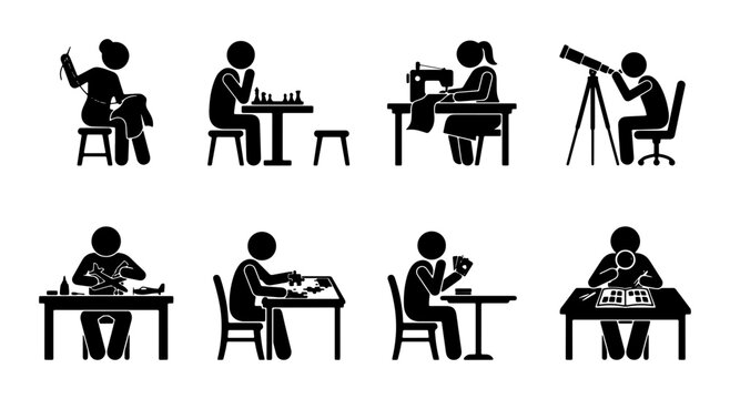 Diverse Hobby Icons Set: Crafting, Gaming, Sewing, Astronomy, Model Building, Puzzles, and More, Stick Figure Vector Graphics for Lifestyle Concepts