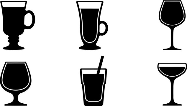 Beverage Glassware Silhouette Icon Set featuring Irish Coffee Mugs Latte Cups Wine Goblets Brandy Snifters and Cocktail Glasses for Restaurant Menu Designs