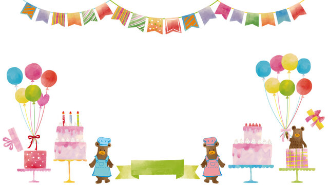 水彩風 熊のケーキ屋さんお誕生日セットフレーム Happy Series:Watercolor-style birthday frame featuring a bear's cake shop