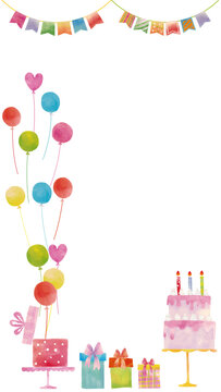 水彩風 かわいい風船とお誕生日セットフレーム 縦 Happy Series:Watercolor-style cute balloon and birthday frame set