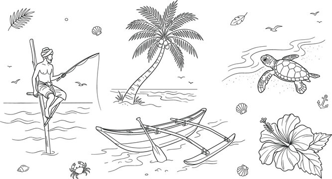 Hand drawn Sri Lanka beach vector doodle set with stilt fisherman catamaran boat palm tree sea turtle hibiscus