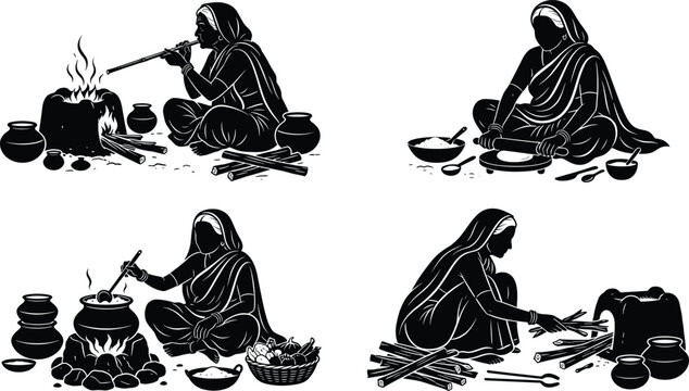 Traditional Indian Village Woman Cooking Food on Clay Stove Silhouette Vector Icon Set