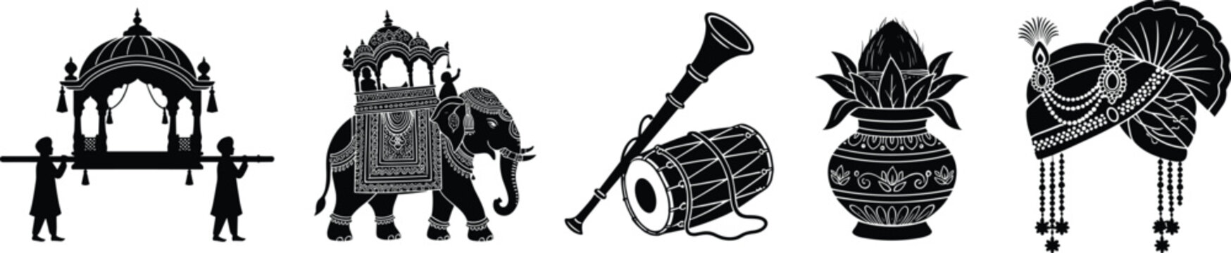Traditional Indian Wedding Baraat and Cultural Celebration Ritual Elements Silhouette Vector Icon Set
