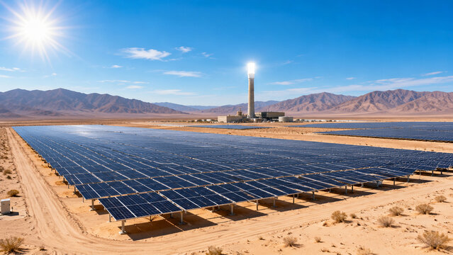 Utility-scale solar power plant in desert landscape with concentrated solar tower showcasing renewable energy infrastructure and clean electricity generation