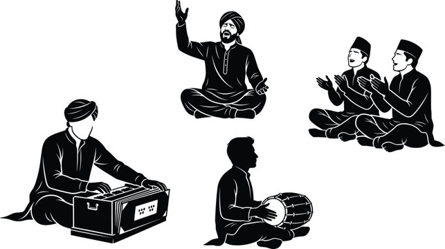 Traditional Indian Sufi Qawwali Music Musicians Silhouette Set with Harmonium and Dholak Instruments