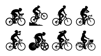 Obraz premium Diverse Cyclist Silhouettes Collection: Road, Mountain, BMX, and City Biking Actions, 8 Vector Icons for Sports and Lifestyle Graphics