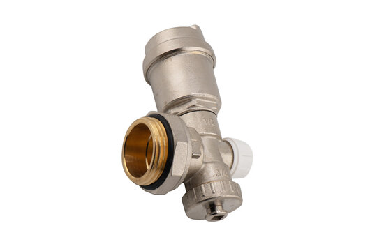 Plumbing fitting for pipes isolated on white background. Brass water fitting adapter isolated.