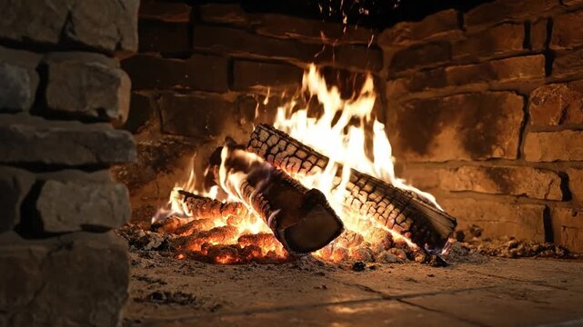 Burning logs in a stone fireplace with sparks flying and warm orange flames during the night