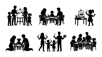 Family Art Class Silhouettes, Children Painting with Parents, Creative Hobby Activities, Educational Workshop Icons