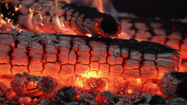 Burning wood logs with glowing red embers and small flames in a fireplace
