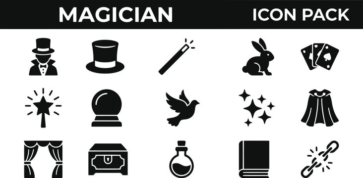 Collection of magician icons on white background