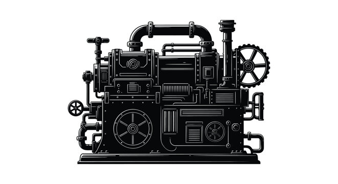 Intricate steampunk machine with pipes and gears black silhouette mechanical engine