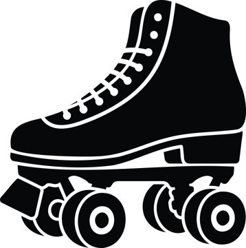 Black and white vector icon of a classic quad roller skate with laces and wheels.