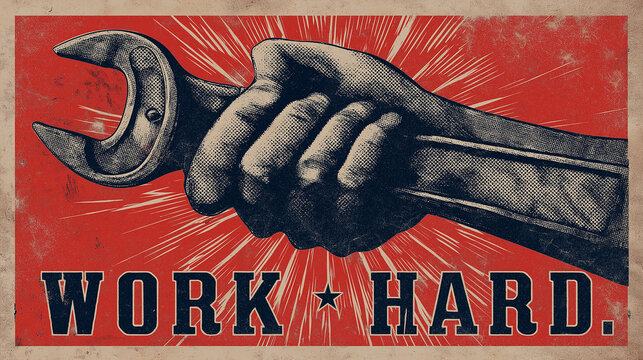A muscular arm holding a wrench with Work Hard text in a vintage propaganda style
