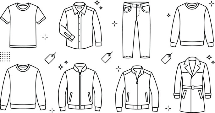 Men casual clothing line art vector icon set featuring t shirt button shirt jeans sweater jacket coat price tag elements